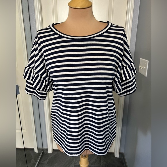 J Crew Striped Ruffle Sleeve Top - Picture 1 of 10